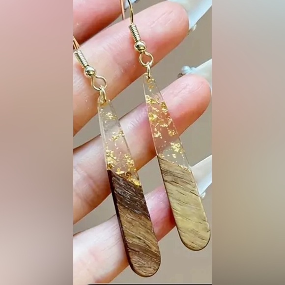 Natural Wood Patchwork  Foil Water Drop Earrings - Picture 4 of 4